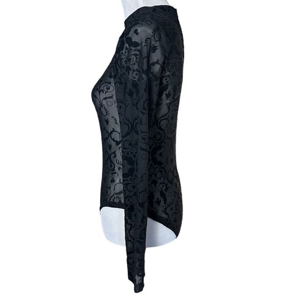 Forever 21 Black Goth Punk Floral Mesh Long Sleeved Bodysuit Shirt Top - Picture 4 of 6